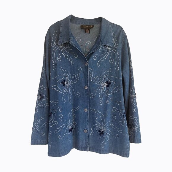Vintage Alex Kim Denim Shirt Sz 2X Long Sleeve Button-Down 3D Floral Embroidered - Picture 9 of 9
